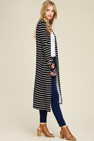 Long Sleeves Striped Cardigan, floral cuff with thumbholes- Plus Size - Black and white
