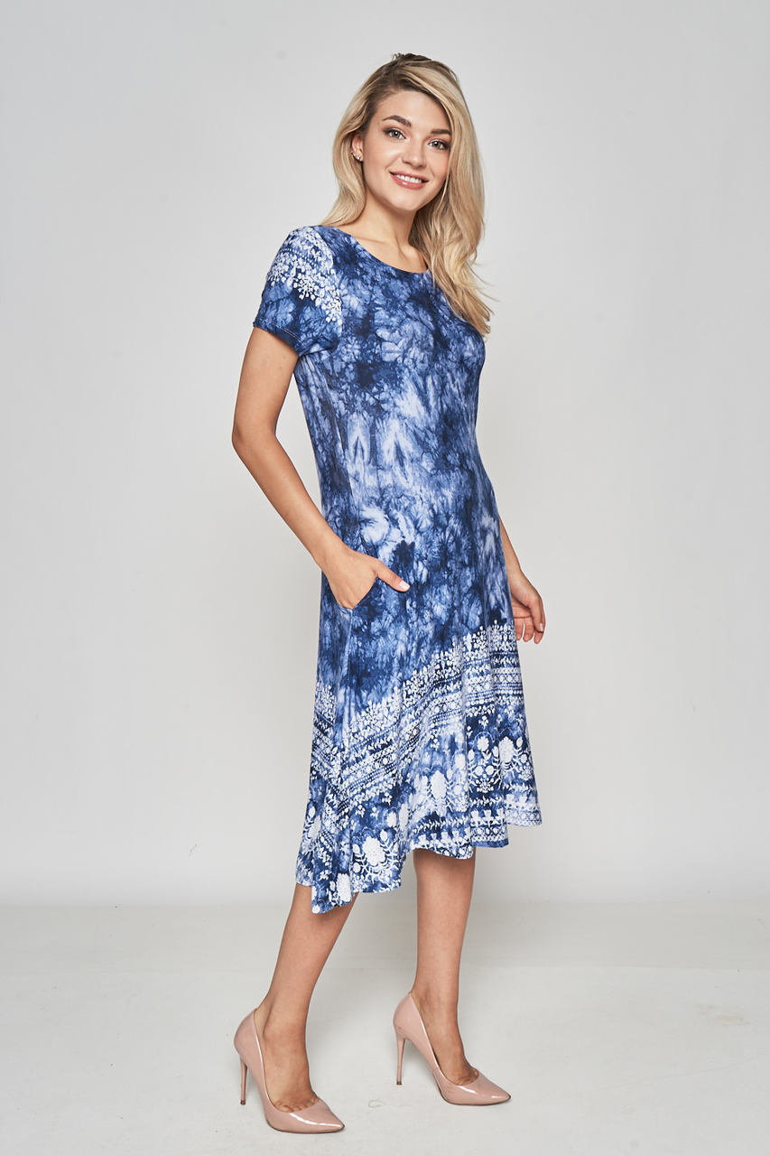 BLUE TIE DYE SHORT SLEEVE BORDER PRINT DRESS WITH SIDE POCKETS