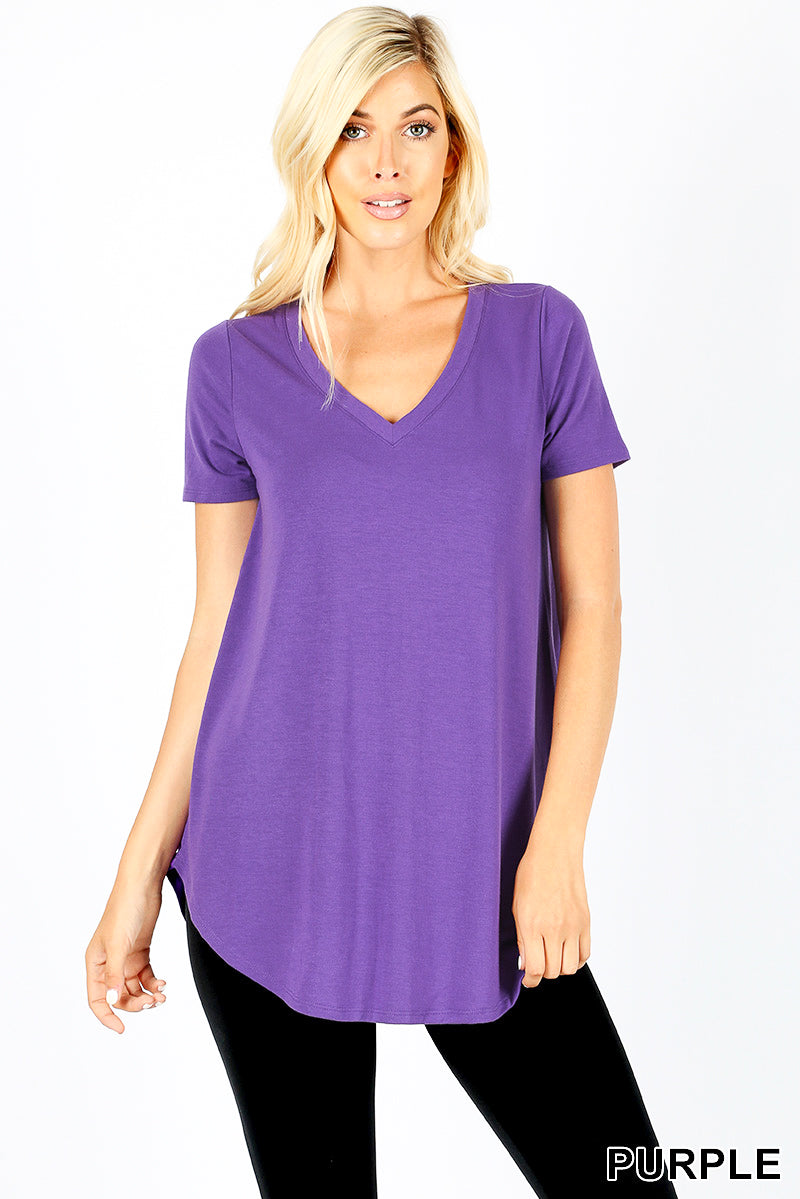 "SALE"  SHORT SLEEVE V-NECK ROUND HEM TUNIC TOP  - Purple color Shirt