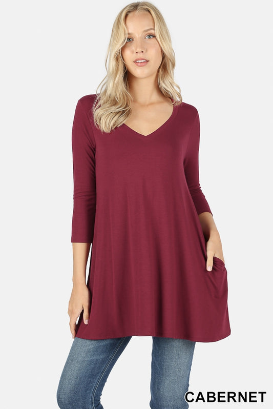 V - NECK FLARED TOP WITH SIDE POCKETS - 3/4 Sleeves - Cabernet Red