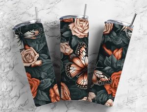 Butterfly and Roses 20oz Skinny Straight Tumbler drinkware-with straw -water bottle -coffee mug cup travel tumbler