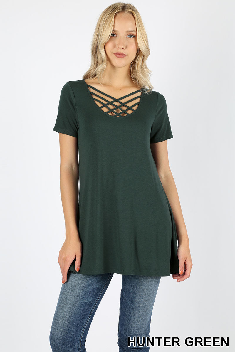 SHORT SLEEVE TRIPLE LATTICE FRONT TUNIC TOP - Hunter Green color Shirt - Criss Cross