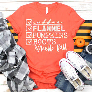 Coffee, Flannel, Pumpkins, Boots Orange Color T-Shirt - Ladies Shirt - graphic t-shirt - Fall, Halloween, Thanksgiving t-shit