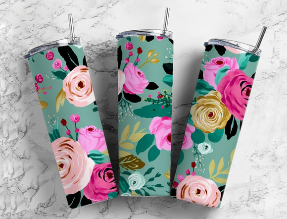 Floral 20oz Skinny Straight Tumbler drinkware-with straw -water bottle -coffee mug cup travel tumbler