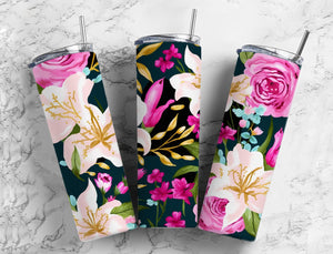 Floral pink white lillies 20oz Skinny Straight Tumbler drinkware-with straw -water bottle -coffee mug cup travel tumbler