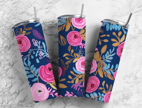 Floral Tumbler Pink Blue 20oz Skinny Straight Tumbler drinkware-with straw -water bottle -coffee mug cup travel tumbler