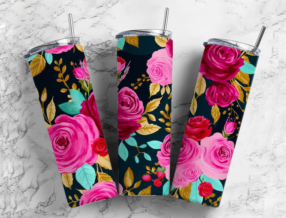 Floral Pink Roses 20oz Skinny Straight Tumbler drinkware-with straw -water bottle -coffee mug cup travel tumbler