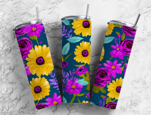 Floral purple yellow flowers 20oz Skinny Straight Tumbler drinkware-with straw -water bottle -coffee mug cup travel tumbler