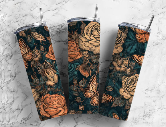 Floral Roses Butterfly 20oz Skinny Straight Tumbler drinkware-with straw -water bottle -coffee mug cup travel tumbler