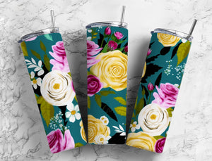 Floral Roses 20oz Skinny Straight Tumbler custom drinkware- with straw - water bottle - teal