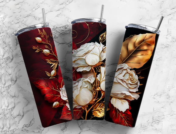 Floral White Roses 20oz Skinny Straight Tumbler drinkware-with straw -water bottle -coffee mug cup travel tumbler