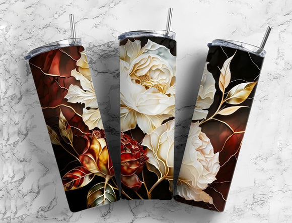 White flowers 20oz Skinny Straight Tumbler drinkware- with straw - water bottle - black background