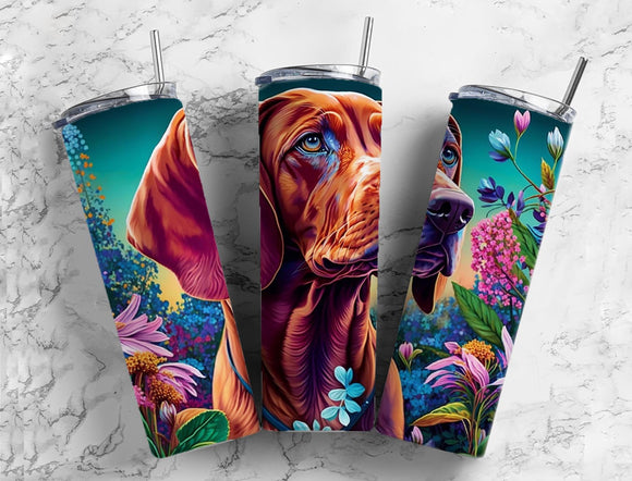 Hound Dog 20oz Skinny Straight Tumbler drinkware- with straw - water bottle - Vibrant floral colors