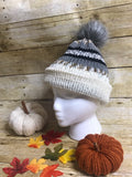 Knit Beanie Hat - unisex- double layer - faux fur pom pom