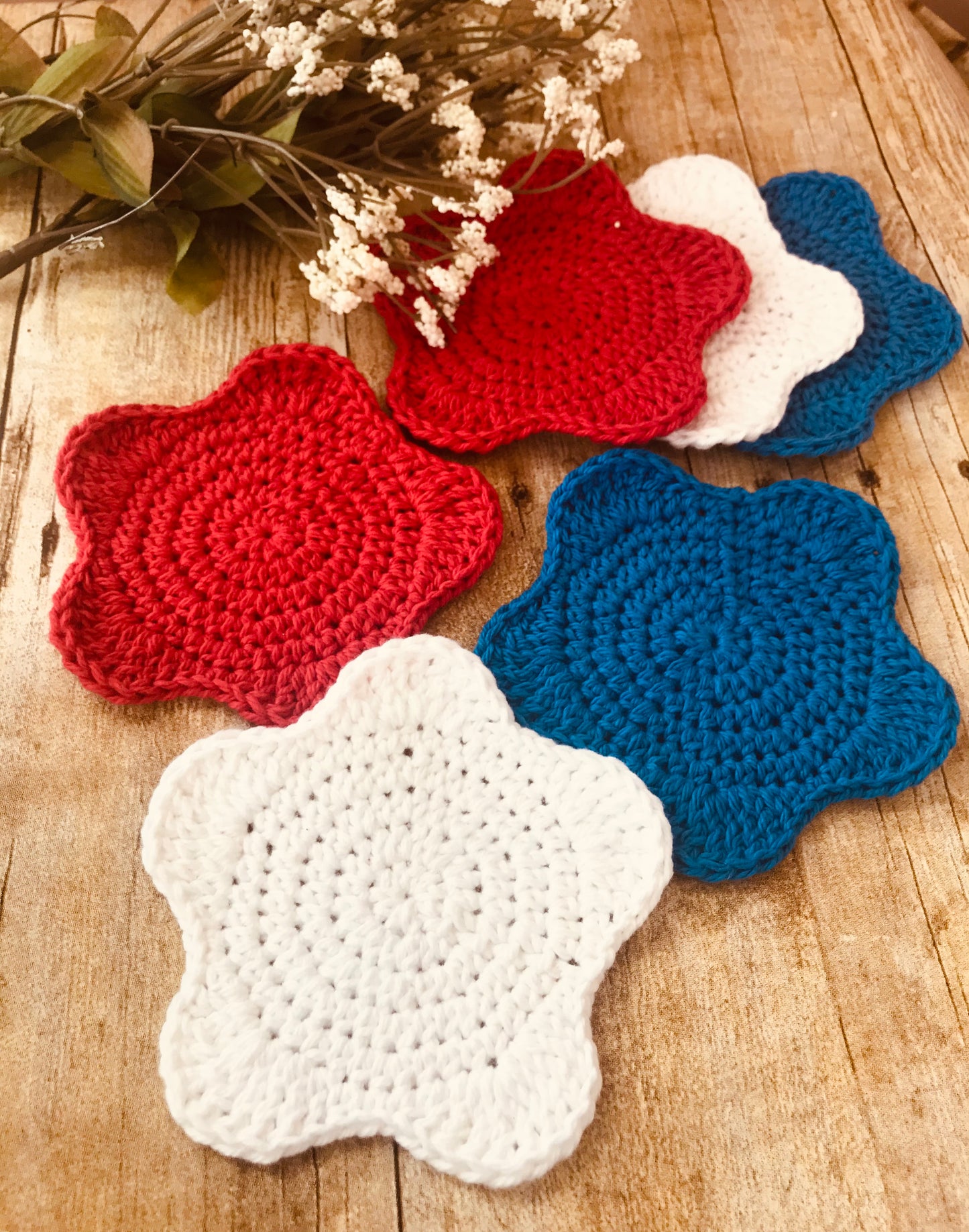 Crochet Star coasters handmade home accessories 4th of July