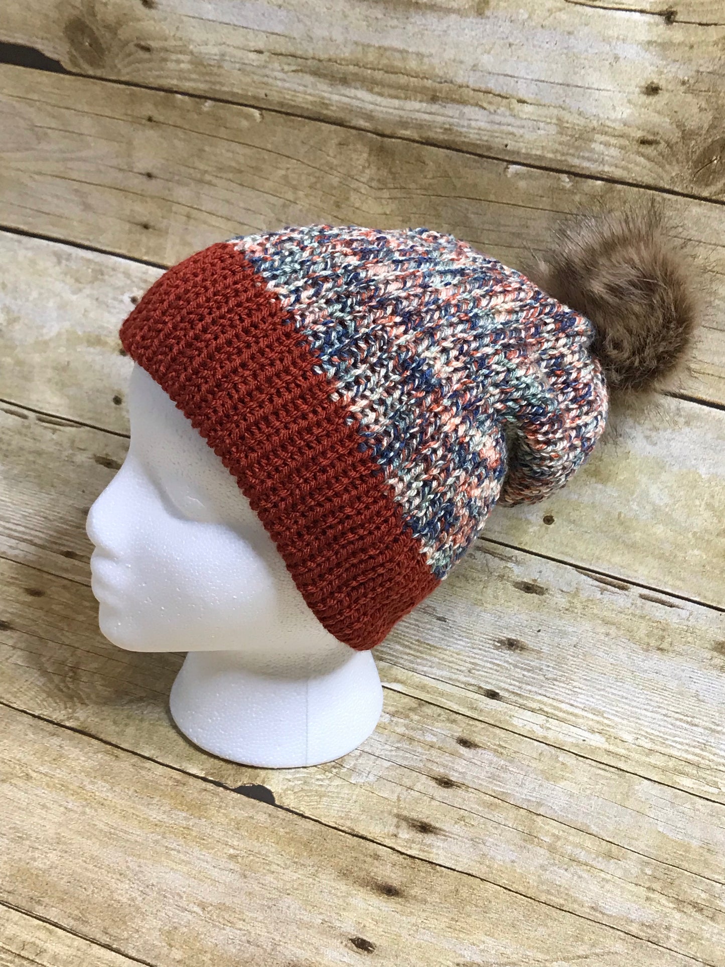 Knit Beanie Hat fall Autumn colors slouch beanie hat fur Pom Pom