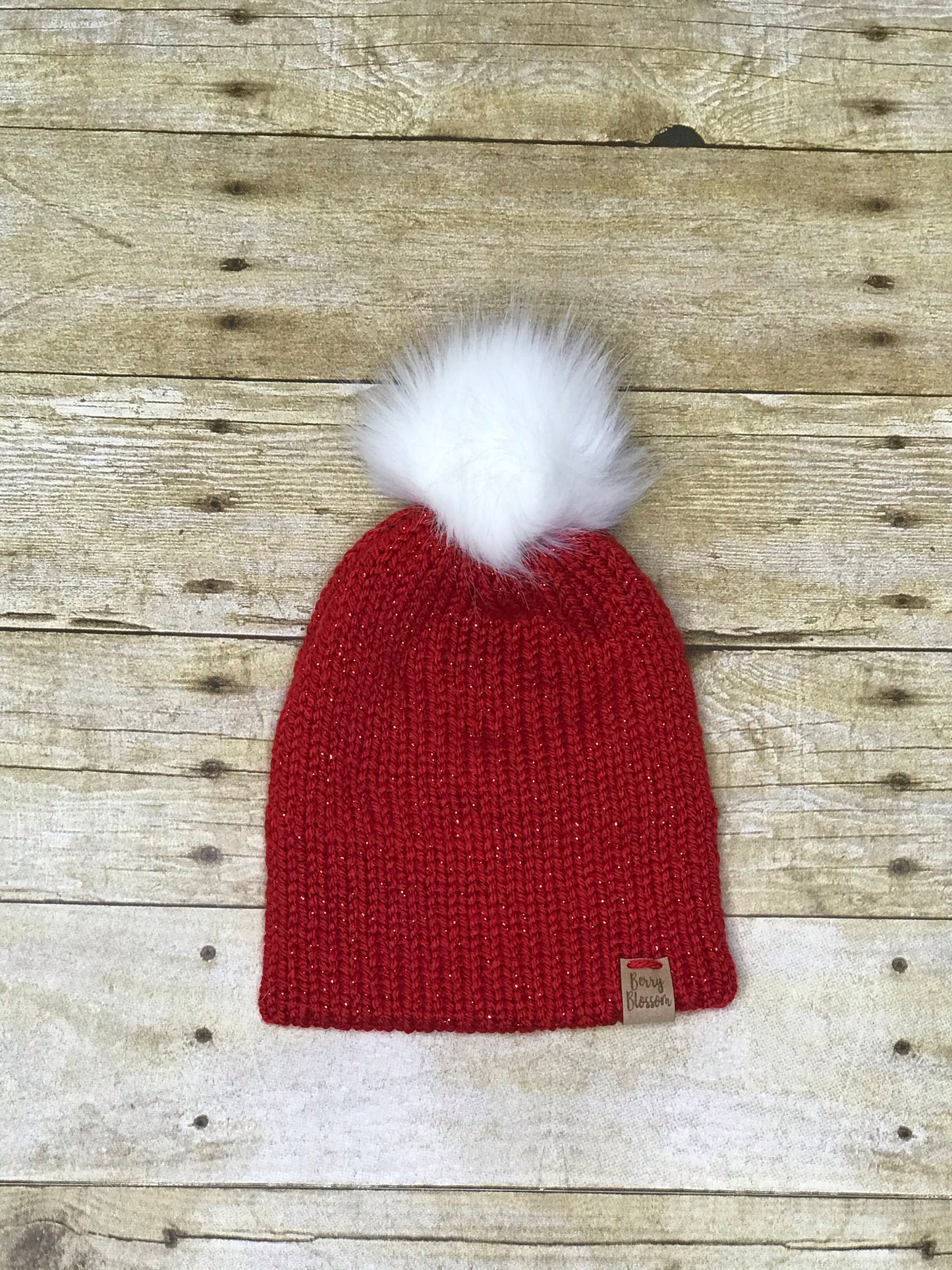 Knit beanie hat for girls with sparkle and fur Pom Pom- handmade