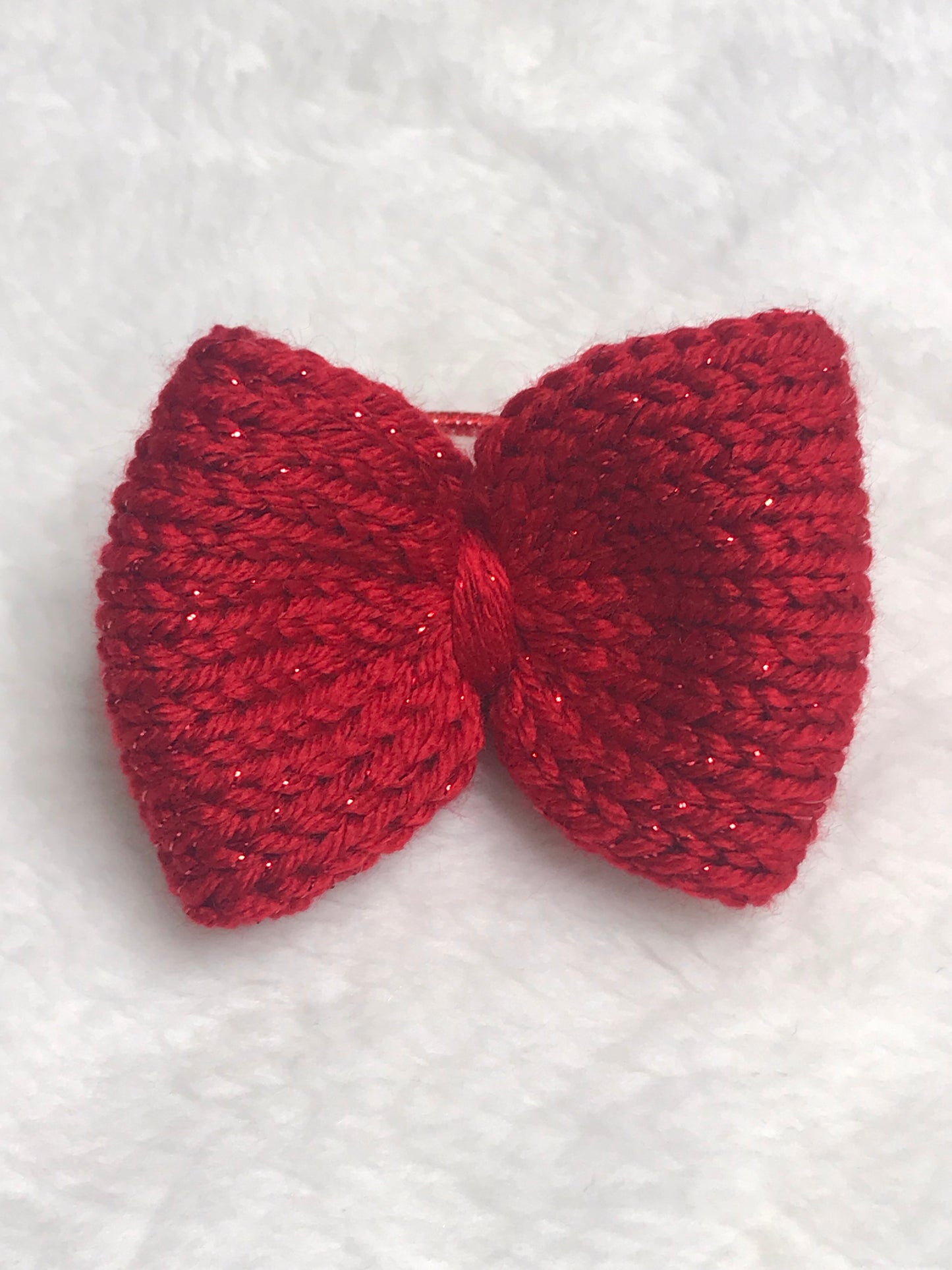 Girls knitted sparkle yarn hair bow - ponytail holder Christmas