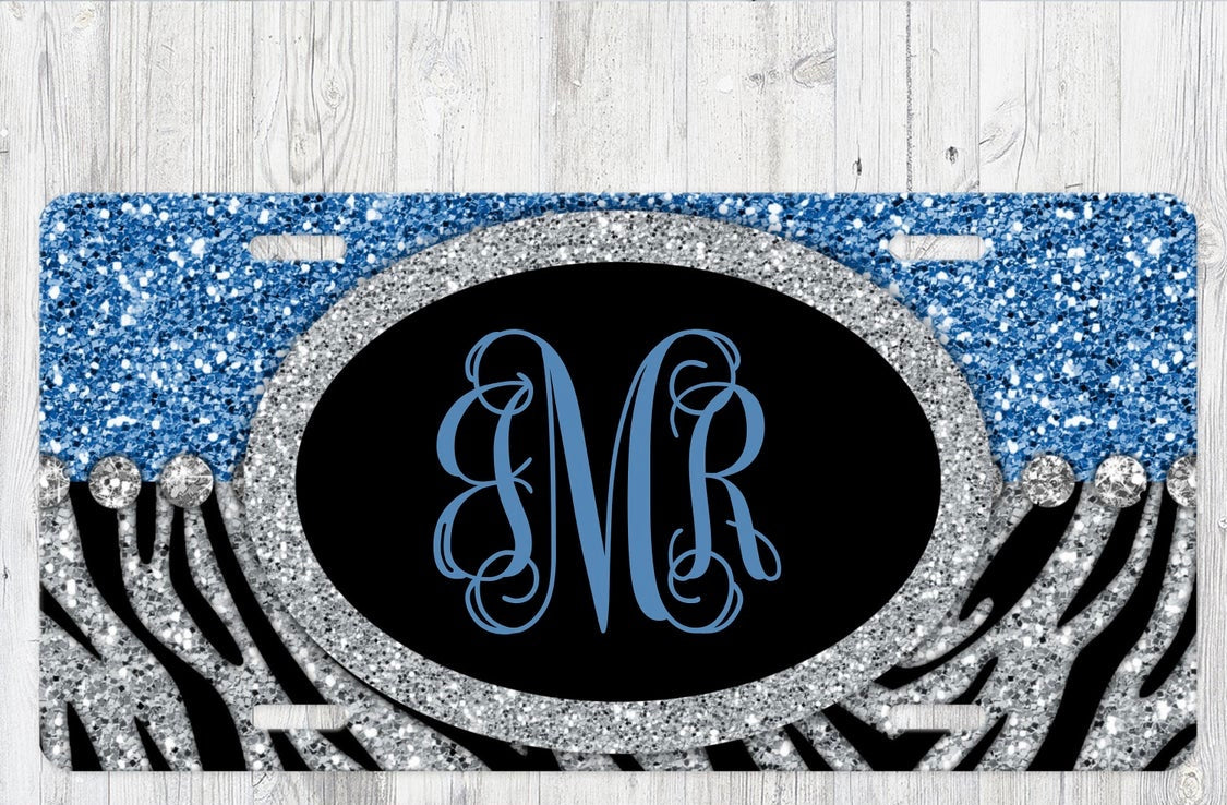 Zebra Print Glitter Aluminum License Plate - Custom Personalized Monogram car tag