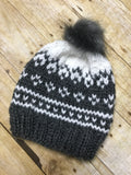 Hand knitted Adult size beanie hat Grey and white fair isle design with fur pop pom