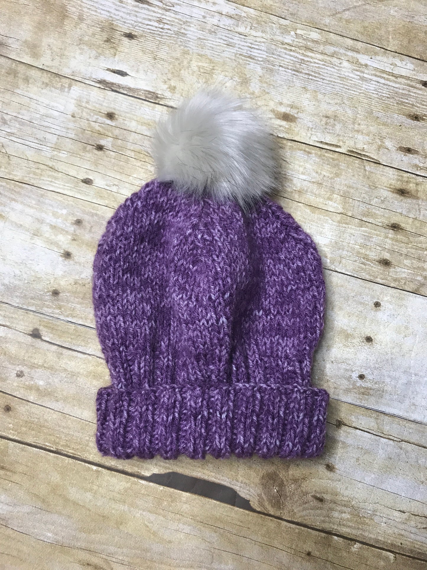 Hand knitted Teen/Adult size beanie hat Purple and Grey color with fur pop pom