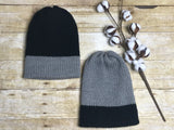 Knit Beanie Hat - unisex men’s ladies handmade - black and grey - double layer -