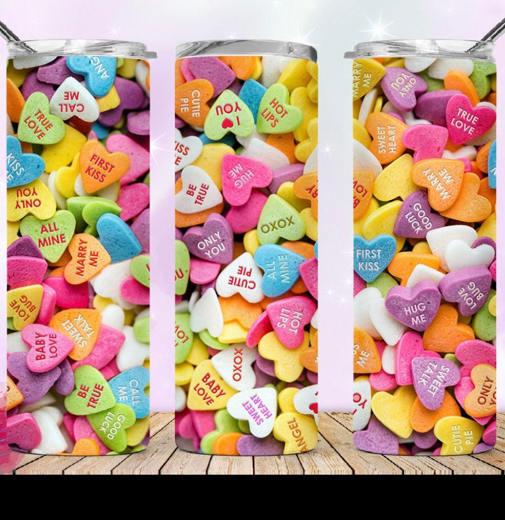 Valentines Conversation Candy Hearts 20oz Skinny Tumbler drinkware - with straw - Stainless Steel Cup In