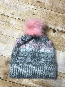 Hand knitted Adult size beanie hat Grey and pink color with fur pop pom