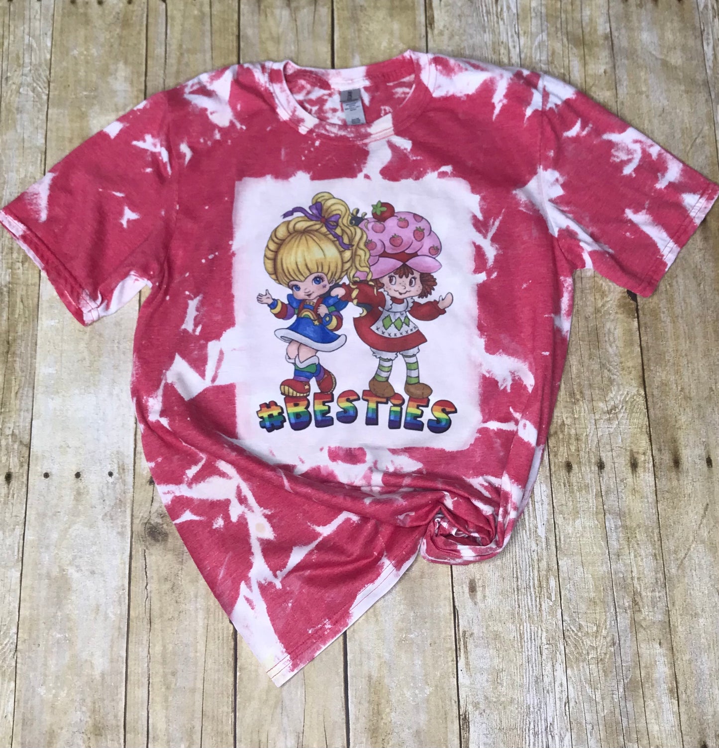 Rainbow Brite & Strawberry Shortcake Ladies print bleached Tee Shirt - Women top - t-shirt