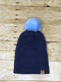 Knit beanie hat for girls with sparkle and fur Pom Pom- handmade