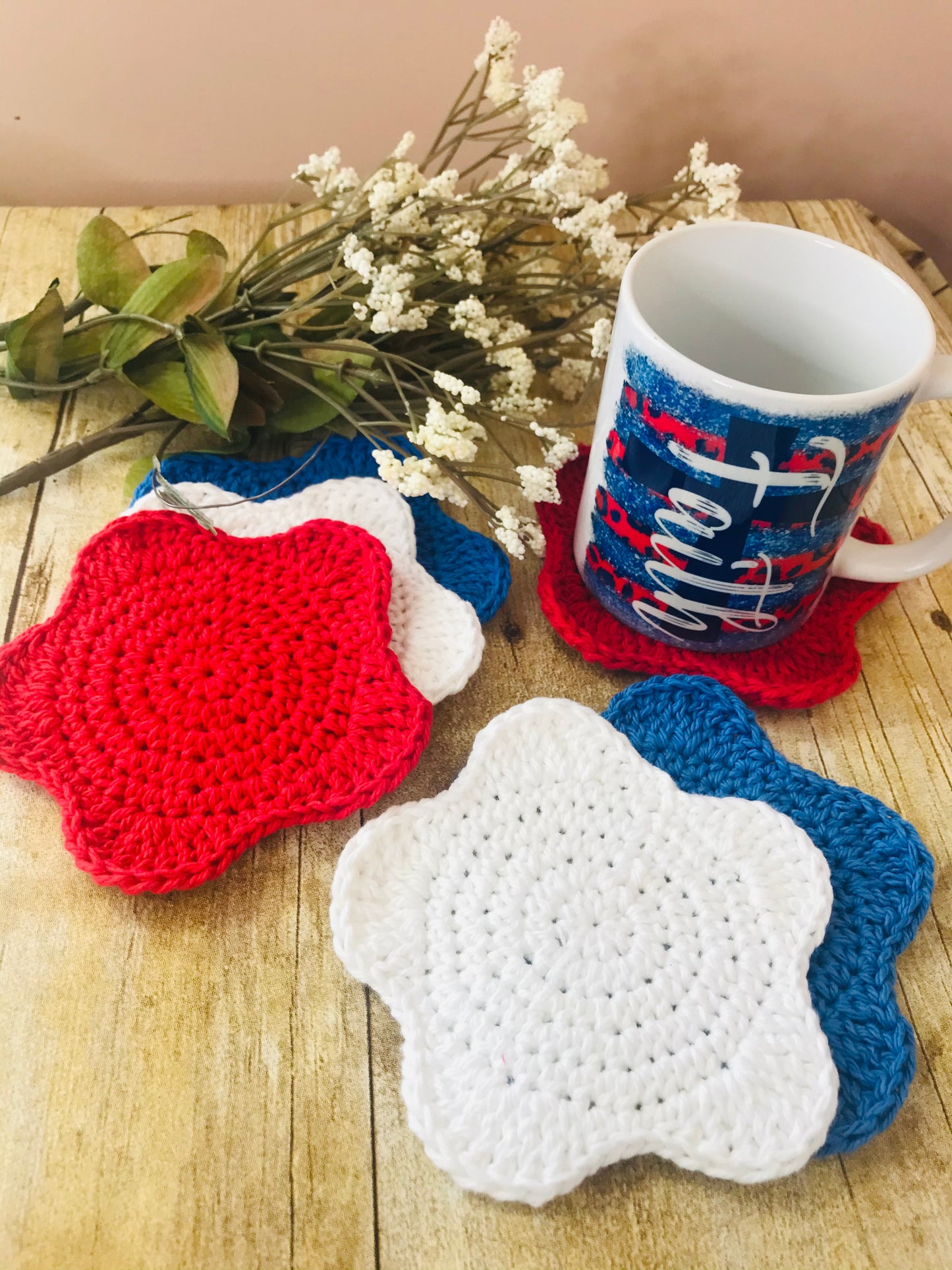 Crochet Star coasters handmade home accessories 4th of July