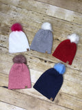 Knit beanie hat for girls with sparkle and fur Pom Pom- handmade