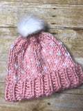Hand knitted Adult size beanie hat Pink and White with fur pop pom