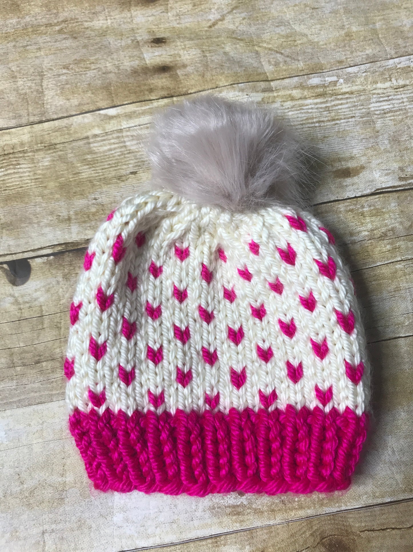 Mommy and Me hand knitted winter beanie hats Hot pink and cream fur pom pom