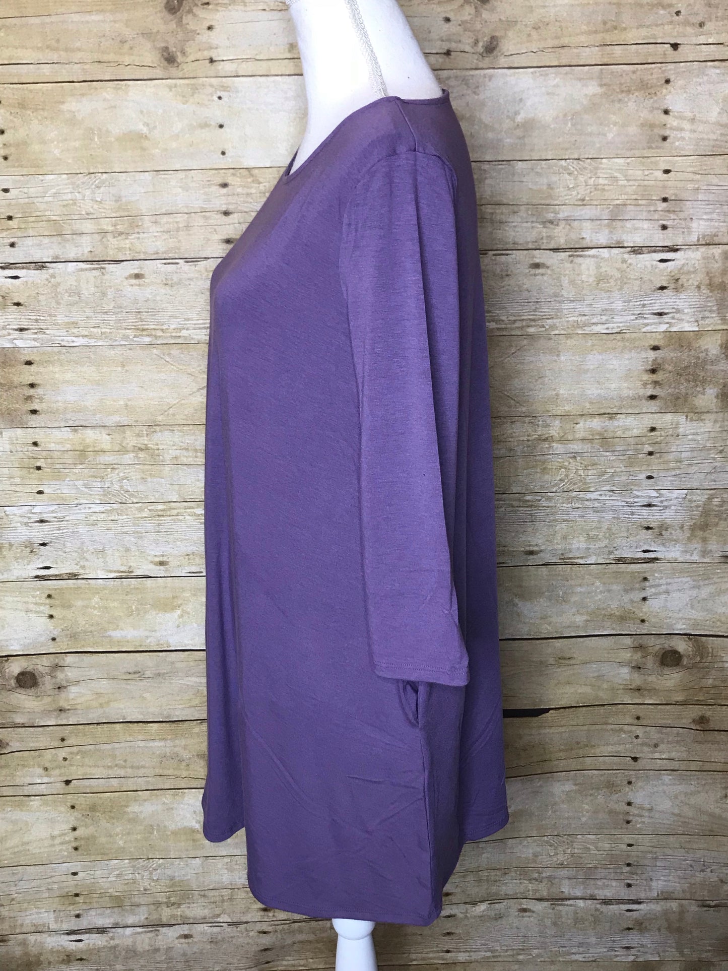 BOAT NECK FLARED TUNIC TOP WITH SIDE POCKETS - 3/4 Sleeves - Lilac Grey