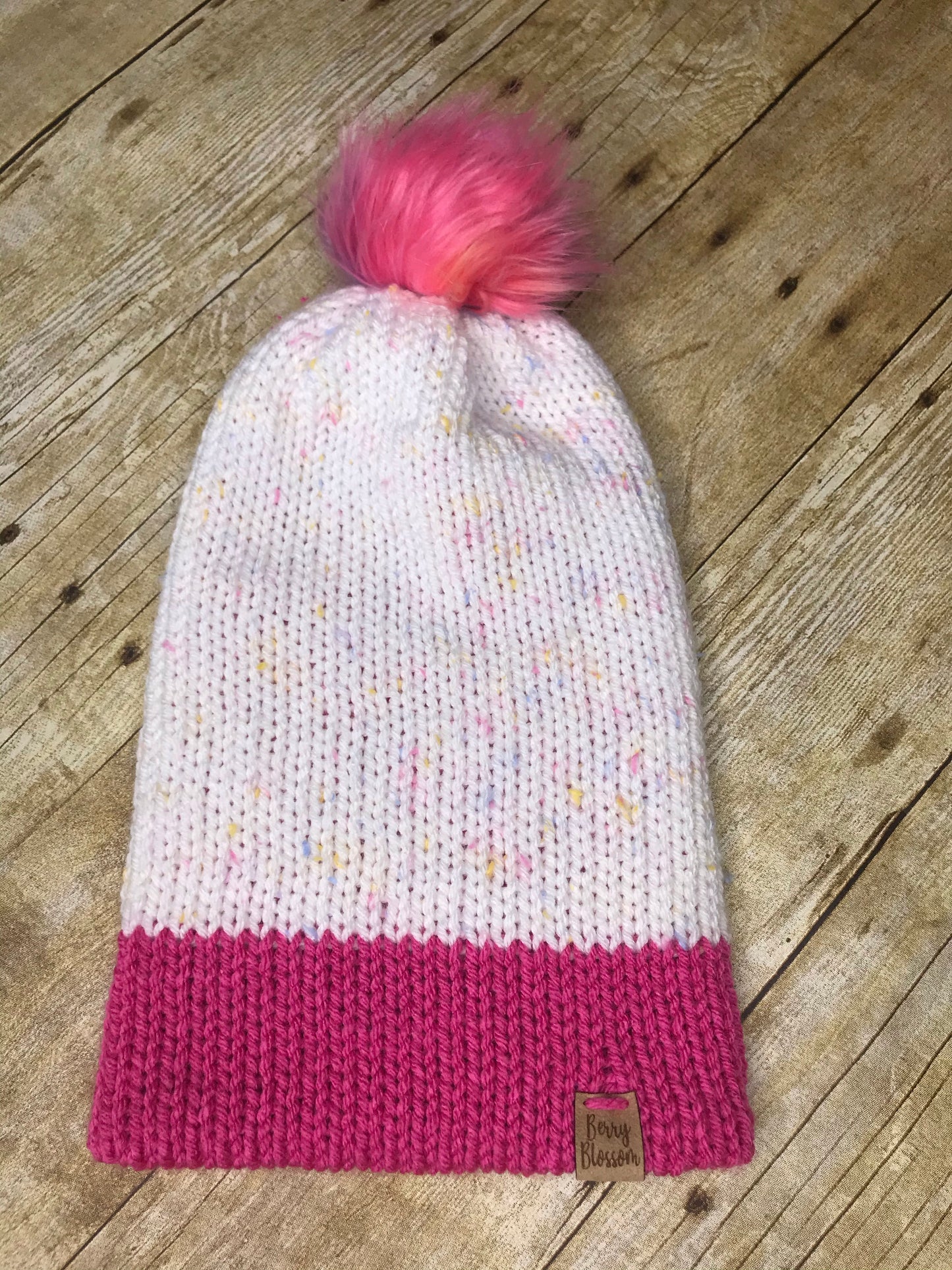 Knit Slouch Beanie Hat Pink or Yellow - faux fur pom pom