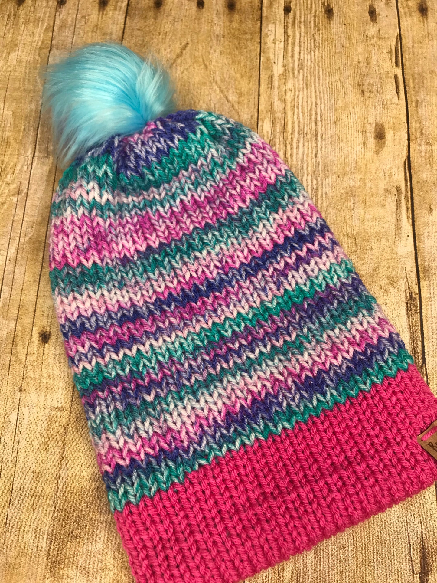 Knit Beanie Hat Pink Purple Teal - faux fur pom pom