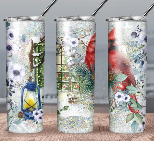 Cardinal Winter Bird 20oz Skinny Tumbler custom drinkware - with straw Stainless Steel Cup