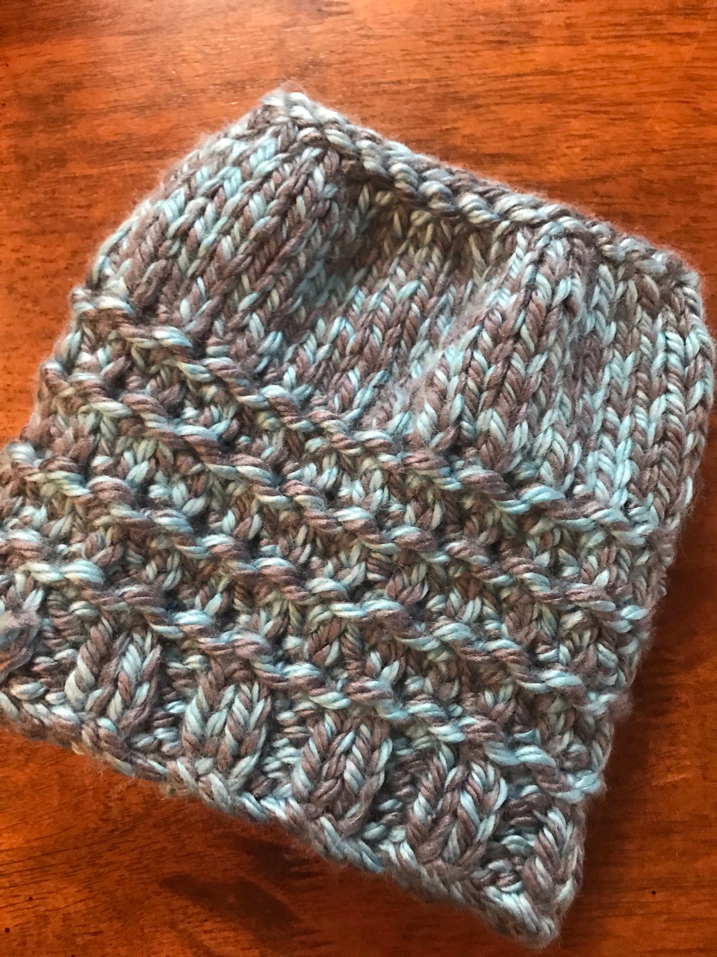 Hand knitted messy bun ladies beanie hat grey teal