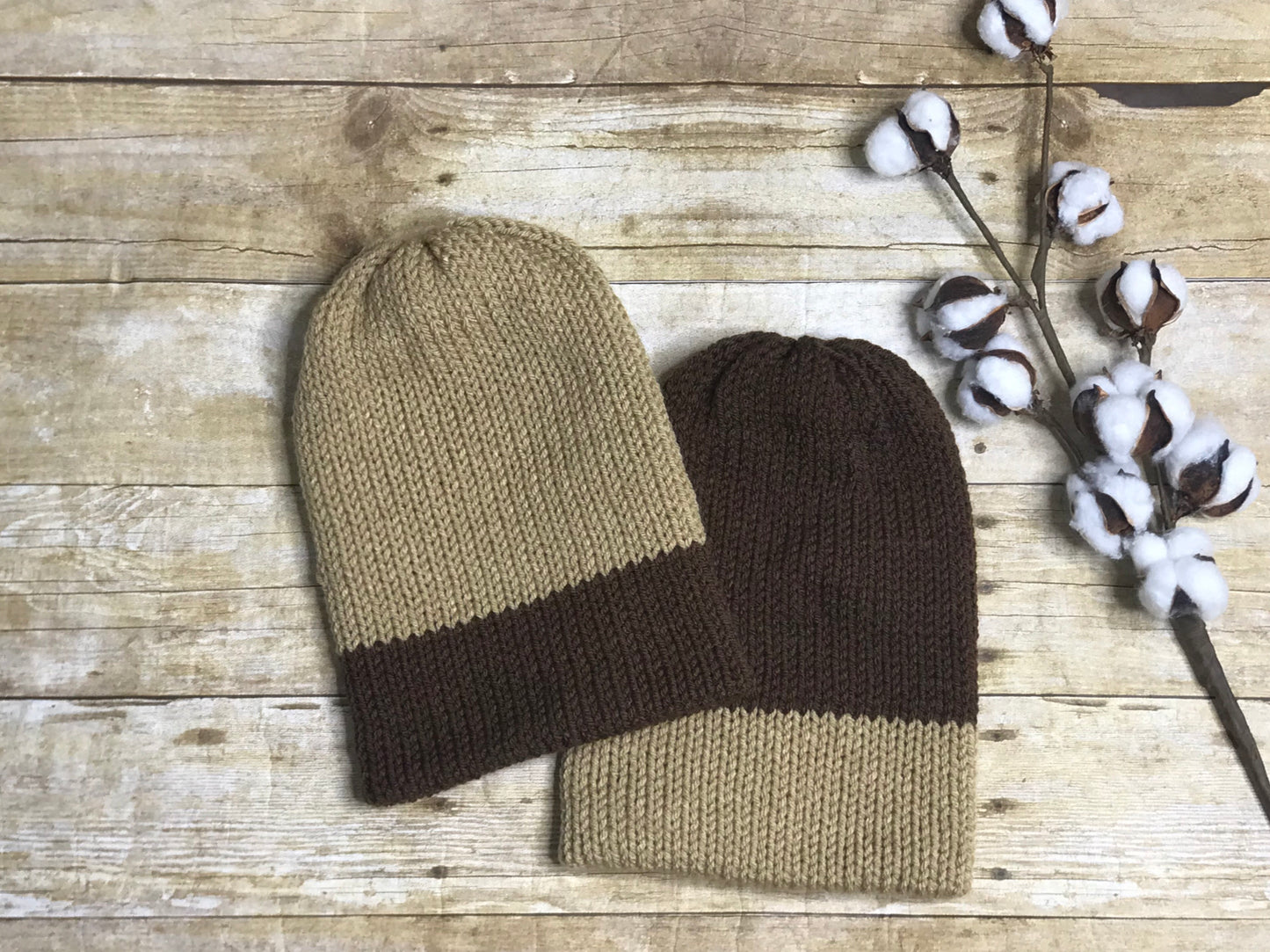 Knit Beanie Hat - unisex men’s ladies handmade - Brown and Taupe - double layer - knitted