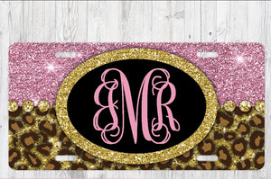 Leopard Print Glitter Aluminum License Plate - Custom Personalized Monogram car tag