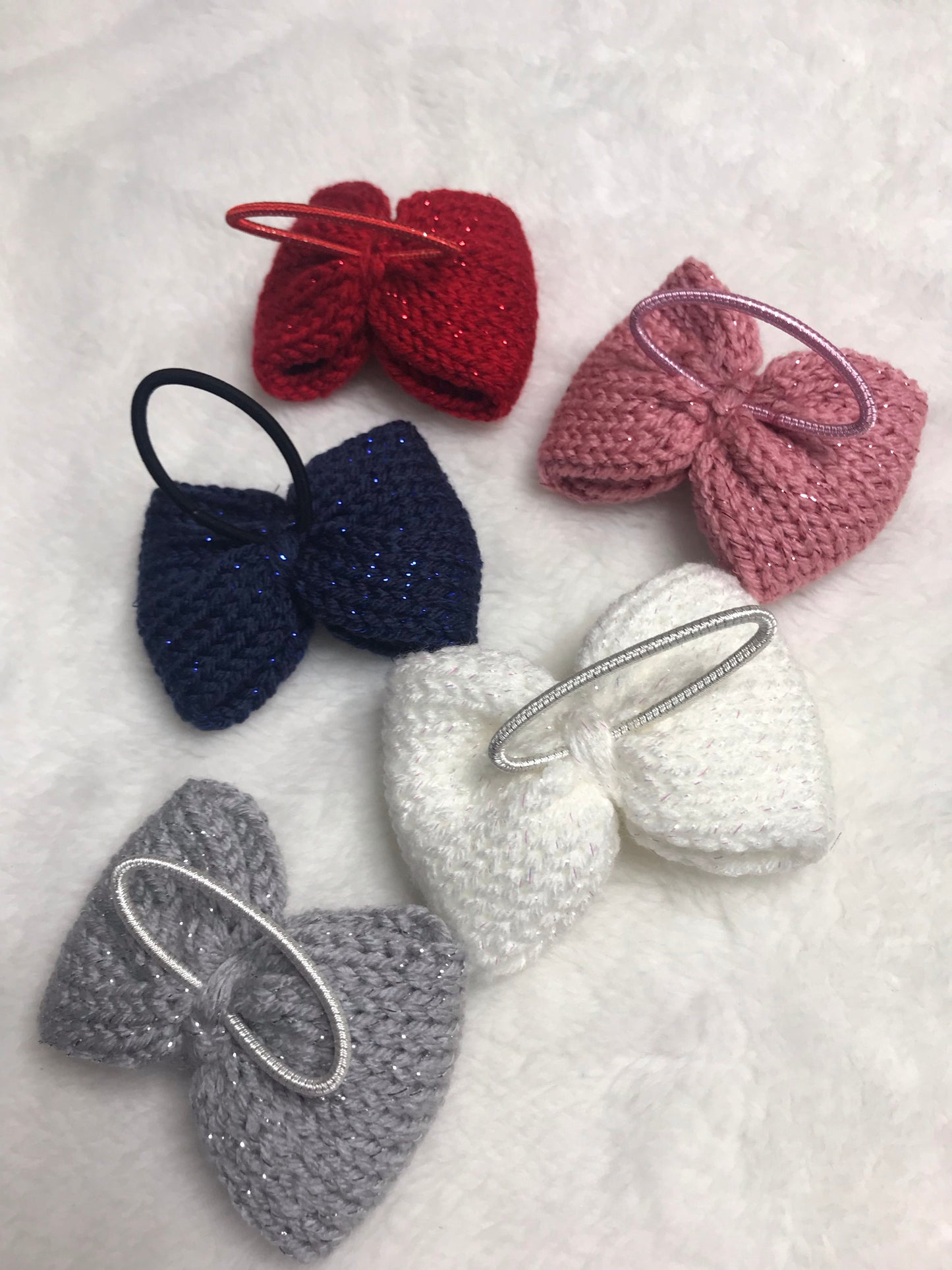 Girls knitted sparkle yarn hair bow - ponytail holder Christmas