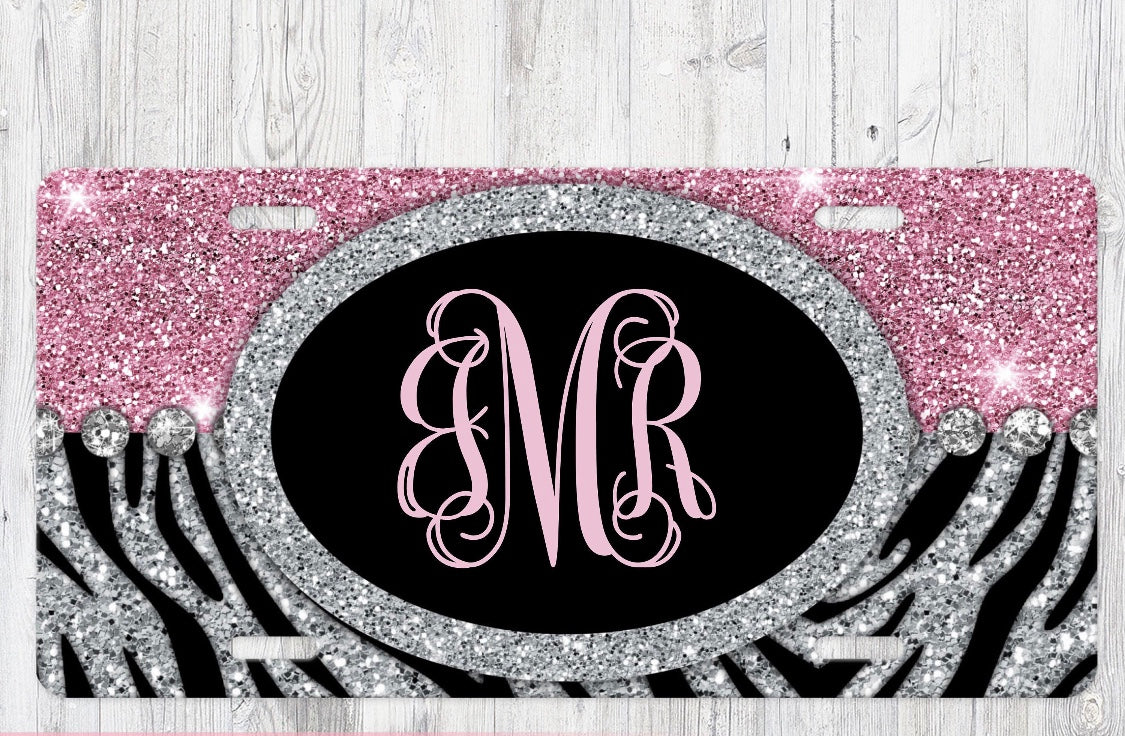 Zebra Print Glitter Aluminum License Plate - Custom Personalized Monogram car tag