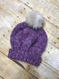 Hand knitted Teen/Adult size beanie hat Purple and Grey color with fur pop pom