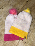 Knit Slouch Beanie Hat Pink or Yellow - faux fur pom pom