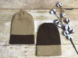 Knit Beanie Hat - unisex men’s ladies handmade - Brown and Taupe - double layer - knitted