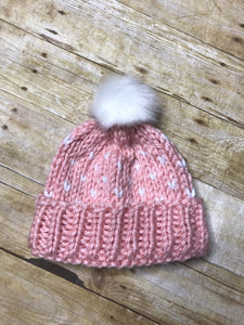 Hand knitted Adult size beanie hat Pink and White with fur pop pom