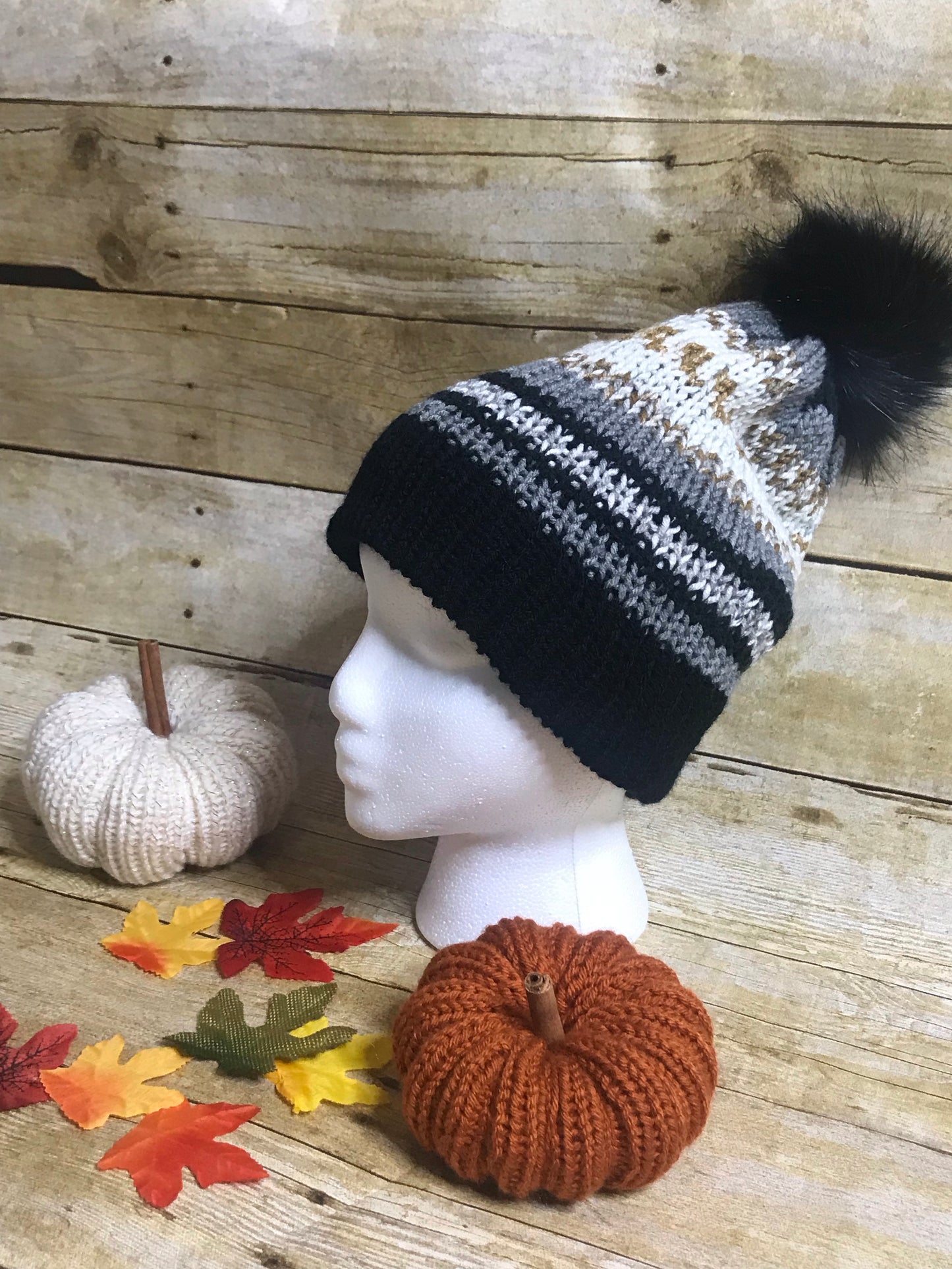 Knit Beanie Hat - unisex- double layer - faux fur pom pom