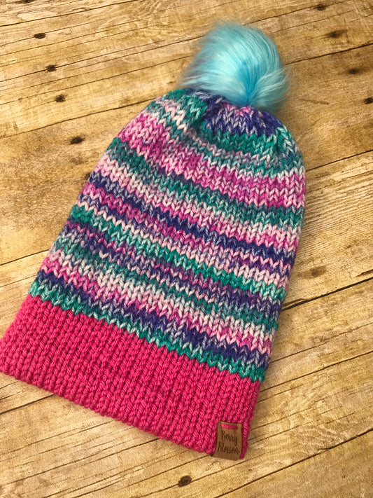 Knit Beanie Hat Pink Purple Teal - faux fur pom pom