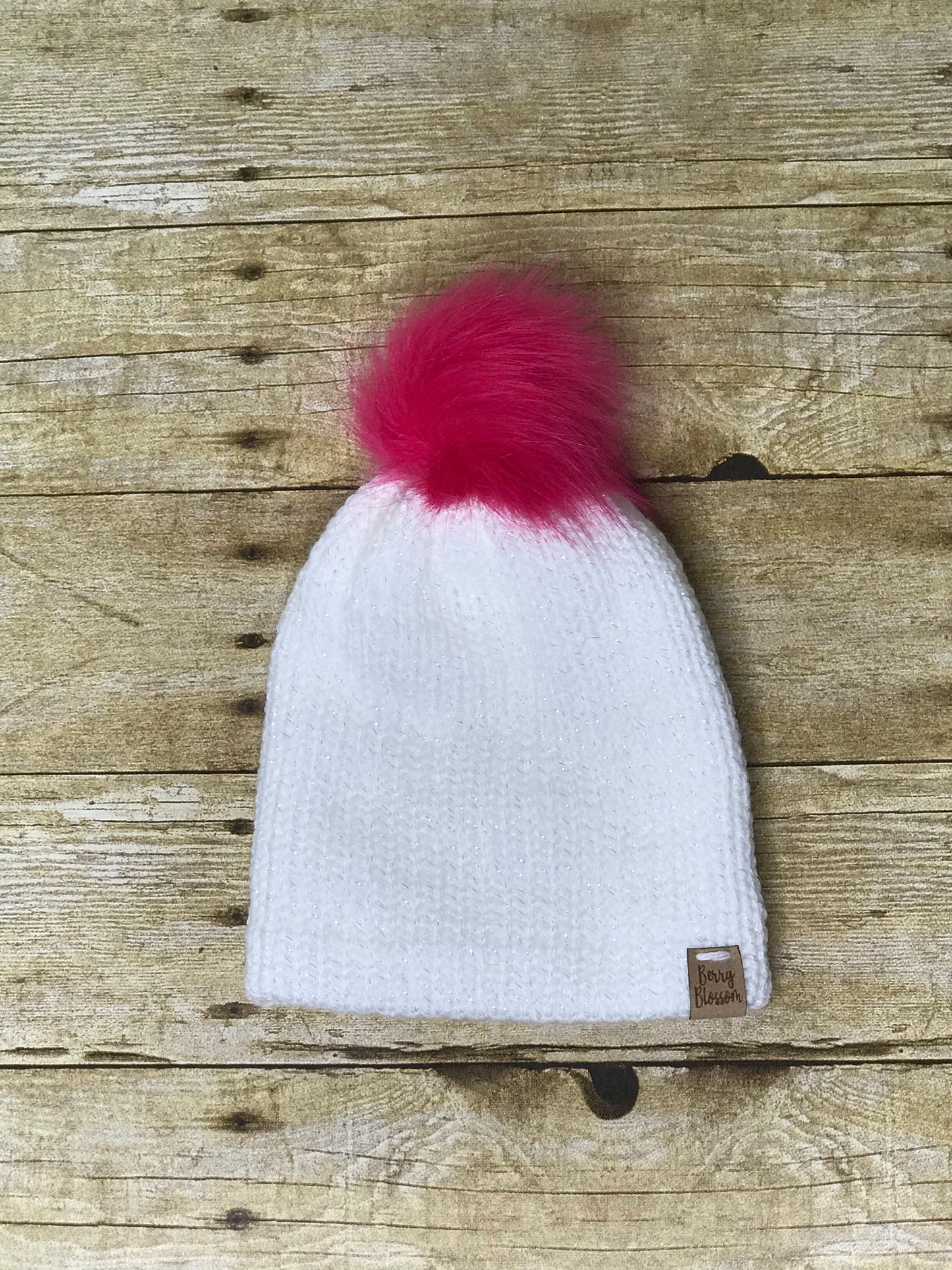 Knit beanie hat for girls with sparkle and fur Pom Pom- handmade